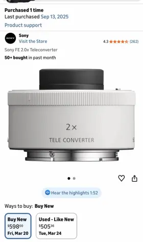 Sony 4898814 Fe 2.0x Teleconverter E-mount Twist-on For Lens Mpn Sony 4898814 Fe 2.0x Teleconverter E-mount Twist-on For Lens Mpn